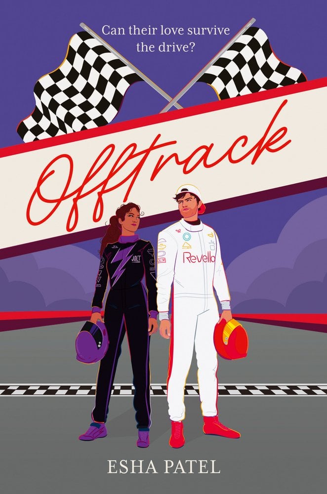A man in a white racing suit looks at a woman in a black and purple racing suit in front of a checked line. The title "Offtrack" is in the middle in cursive. Above that has two checked flags with the words "Can their love survive the drive?"