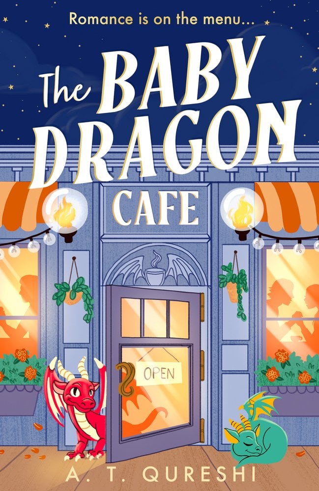 Cover of "The Baby Dragon Café" by Aamna Qureshi. A cafe door is open, with the door being held by a small red dragon. A green dragon is sleeping in front of the cafe, under a night sky.