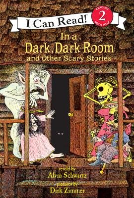 "In A Dark, Dark Room and Other Scary Stories" by Alvin Schwartz, book cover of a wooden house with monsters looking terrified at the open door and dark inside with a pair of eyes looking back.