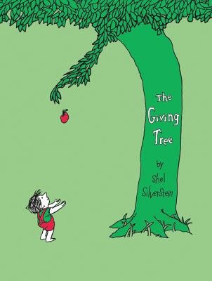 The Giving Tree by Shel Silverstein, book cover. Green tree with its branch extended to drop down an apple to a young boy in red overalls.