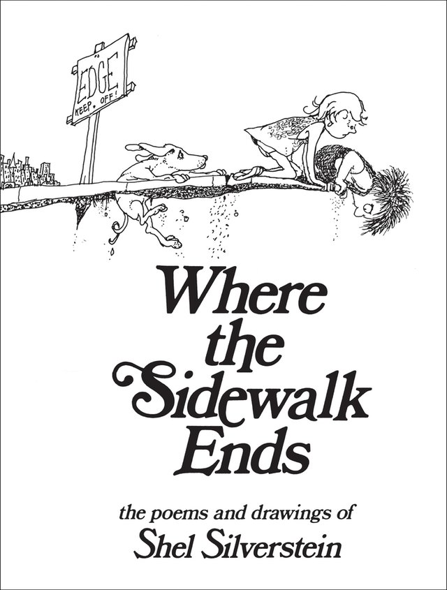 Where the Sidewalk Ends by Shel Silverstein, book cover. White and black background with two children peeking off the edge of a sidewalk cliff, a rabbit behind them hanging on the edge.