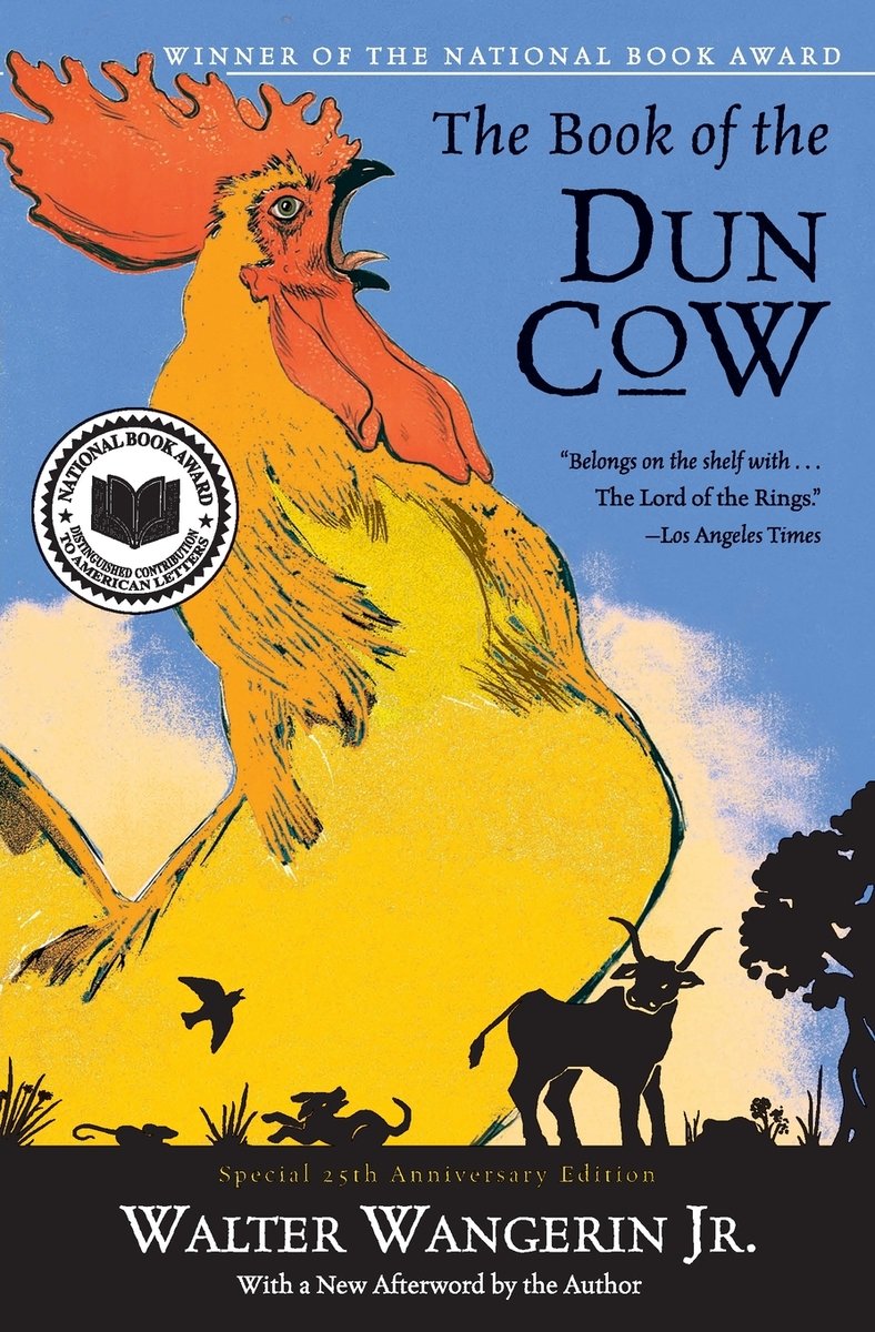 the cover of Walter Wangerin Jr's The Book of the Dun Cow, featuring the image of a rooster crowing against a backdrop of blue sky