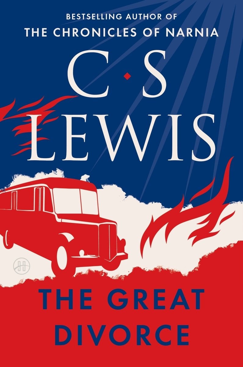 The Great Divorce book cover picturing a bus split between blue and red covers on the page.