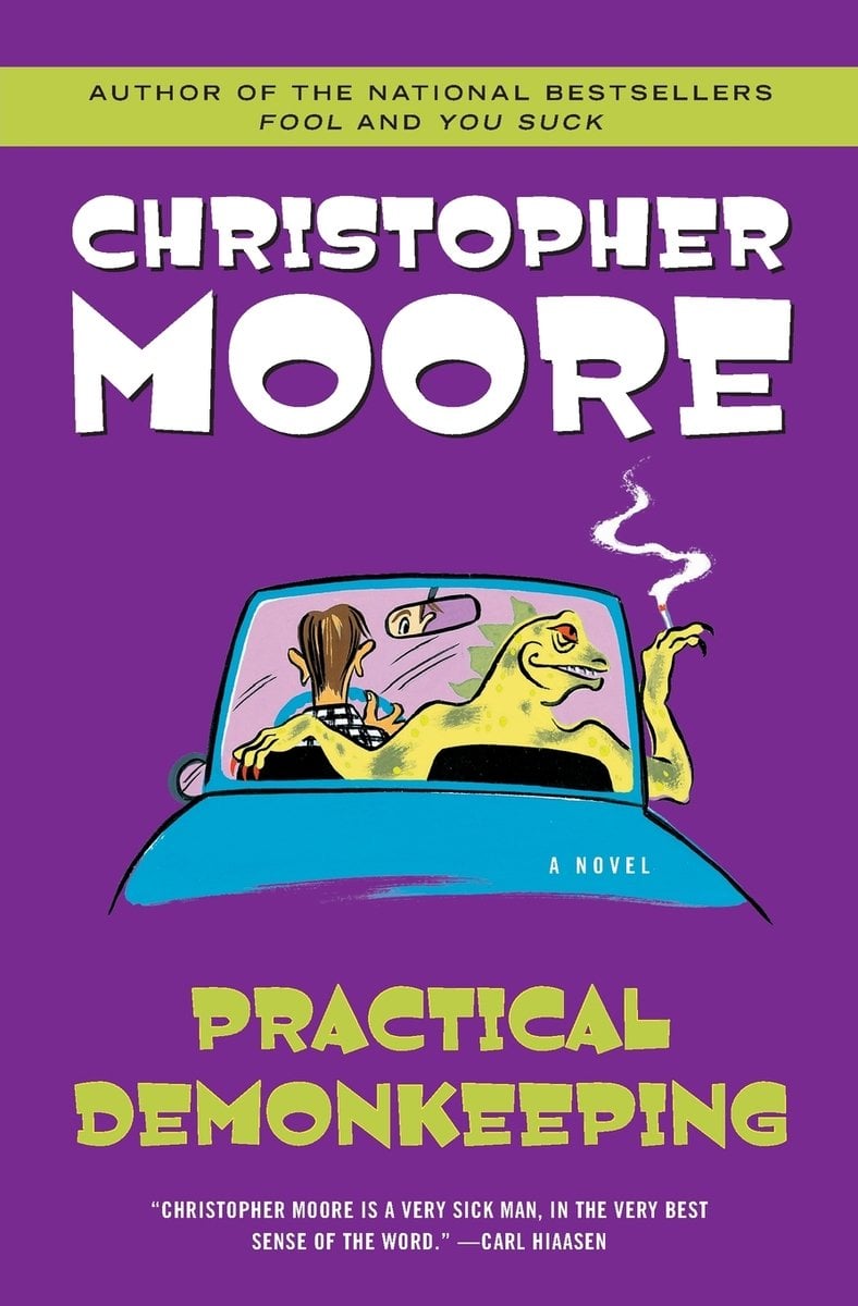Practical Demonkeeping by Christopher Moore, a sci-fi cook cover depicting a purple background with an illustrated car. Inside is a green demon smoking a cigarette while a man drives.