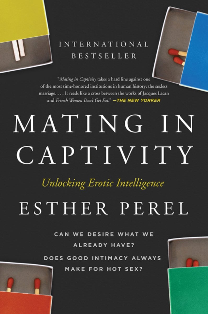 Mating in Captivity: Unlocking Erotic Intelligence by Esther Perel, a nonfiction book cover. A black background with four matchbooks in each corner. The boxes are yellow, blue, green, and red and inside hold two matches with varying levels of closeness.