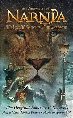 The Lion, the Witch and the Wardrobe by C.S. Lewis, book cover depicting an illustration of a mighty lion and four children under the snowy lights.