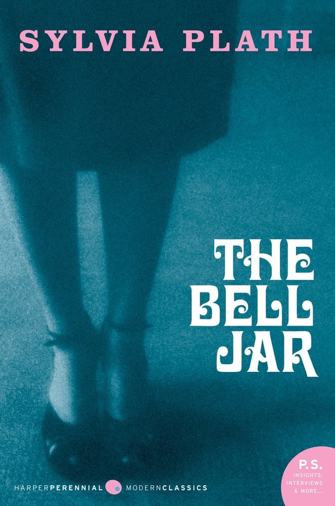 The Bell Jar by Sylvia Plath, a literary fiction book cover depicting a grainy blue background with the bottom half of a woman on the left side. She is depicted wearing a dress and dark heels.