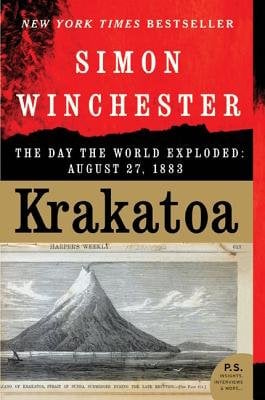 Krakatoa: The Day The World Exploded: August 27, 1883 by Simon Winchester book cover with an artist's depiction of a volcano on the bottom half and a red sky over a mountain range's silhouette on the top half