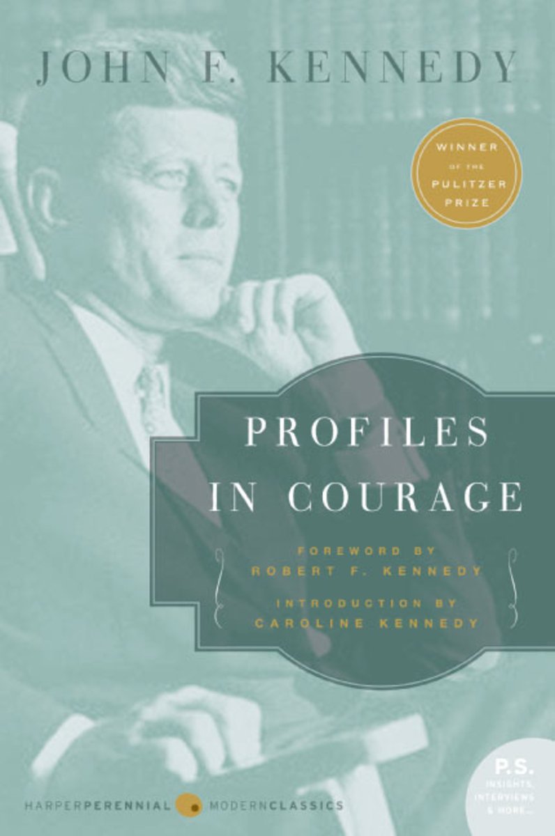 Profiles in Courage by John F. Kennedy, book cover. A light green cover depicts a young man sitting in a chair and staring pensively to the right. The faint outline of a bookshelf is in the background. The title is set on a dark green shape.