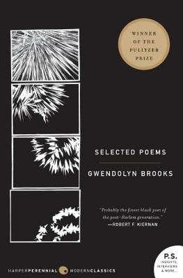 Book jacket of Selected Poems by Gwendolyn Brooks. Four squares to the left of the book show an abstract pattern in black and white gradually getting thicker and smaller inside the square as they descend.