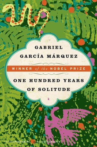 Cover of "One Hundred Years of Solitude" by Gabriel García Márquez, featuring a colorful design with snakes and trees.