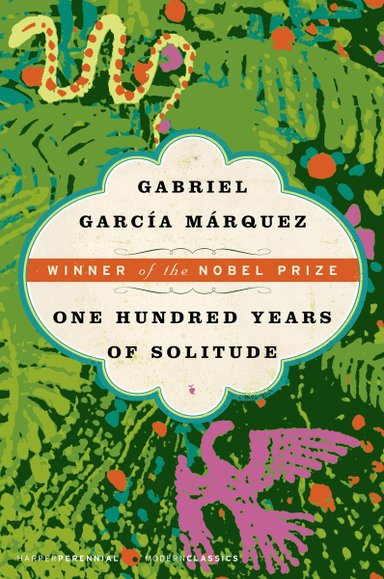 One Hundred Years of Solitude by Gabriel Garcia Marquez, a magical realism book cover with vivid green in the impression of leaves. The images almost look painted with a yellow snake in the upper left corner, a pink bird in the lower right corner, and orange and blue dots sporadically around the cover.
