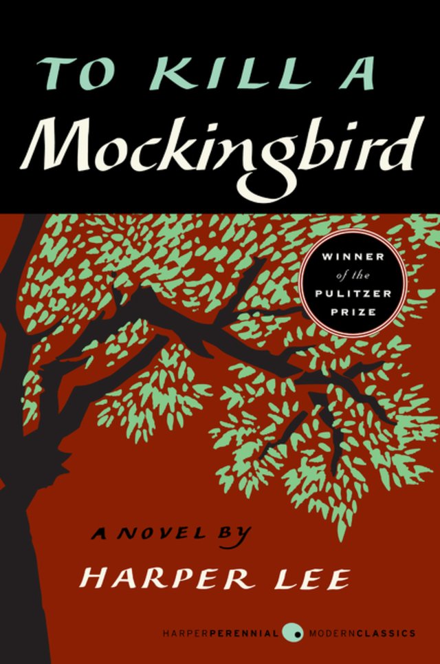 To Kill A Mockingbird by Harper Lee, historical fiction novel cover depicting a red sky with a curved tree branch with dozens of green leaves.