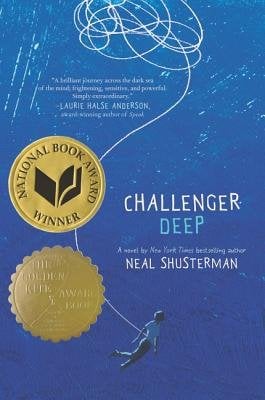 Challenger Deep by Neal Shusterman, book cover. An illustration of a young boy drowning in a blue sea with a white line holding him but above is caught in a whirl.