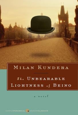 The Unbearable Lightness of Being by Milan Kundera, an 80's fiction book cover featuring a yellow tinted background with a black, floating hat above the title "The Unbearable Lightness of Being" inside a red panel written in white font under the author's name "Milan Kundera" at the top, over a mint panel at the bottom.