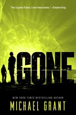 Gone by Michael Grant book cover featuring a citrus green background and two silhouettes standing on a dark surface.