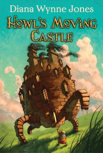 Howl’s Moving Castle by Diana Wynne Jones, book cover. An enchanted castle walks on a land of grass, stepping over a young girl.