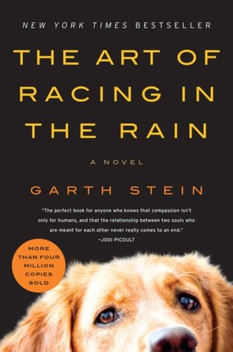 The Art of Racing in the Rain by Garth Stein book cover featuring a golden yellow dog against a black background.