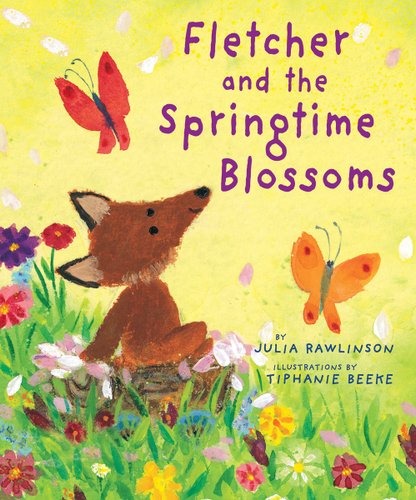 A happy fox sits in a meadow full of various flowers watching butterflies fly around it. The title sits at the top of the cover in purple letters. The author's name sits near the bottom in small, blue letters. Everything is set against a bright yellow background sprinkled with falling flower petals.