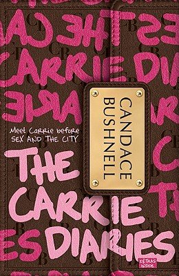 The Carrie Diaries by Candace Bushnell. The cover takes the appearance of a leather diary covered with blocky pink text repeating the title, as well as a metal fastener for the journal that displays the author name.