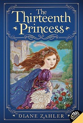 The Thirteenth Princess by Diane Zahler, book cover of Zita dressed as a princess in a purple dress in front of the castle with dark blue borders with fancy framing around the title.