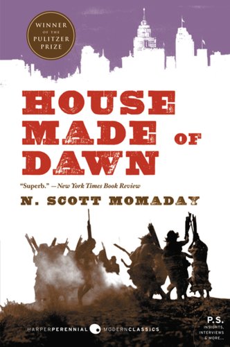 "House Made of Dawn" book cover with silhouettes of people holding weapons at the bottom and a city skyline at the top.