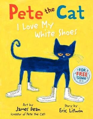 Pete the Cat by James Dean book cover. The cover is yellow. It features a blue cat with orange eyes and 4 white sneakers on.