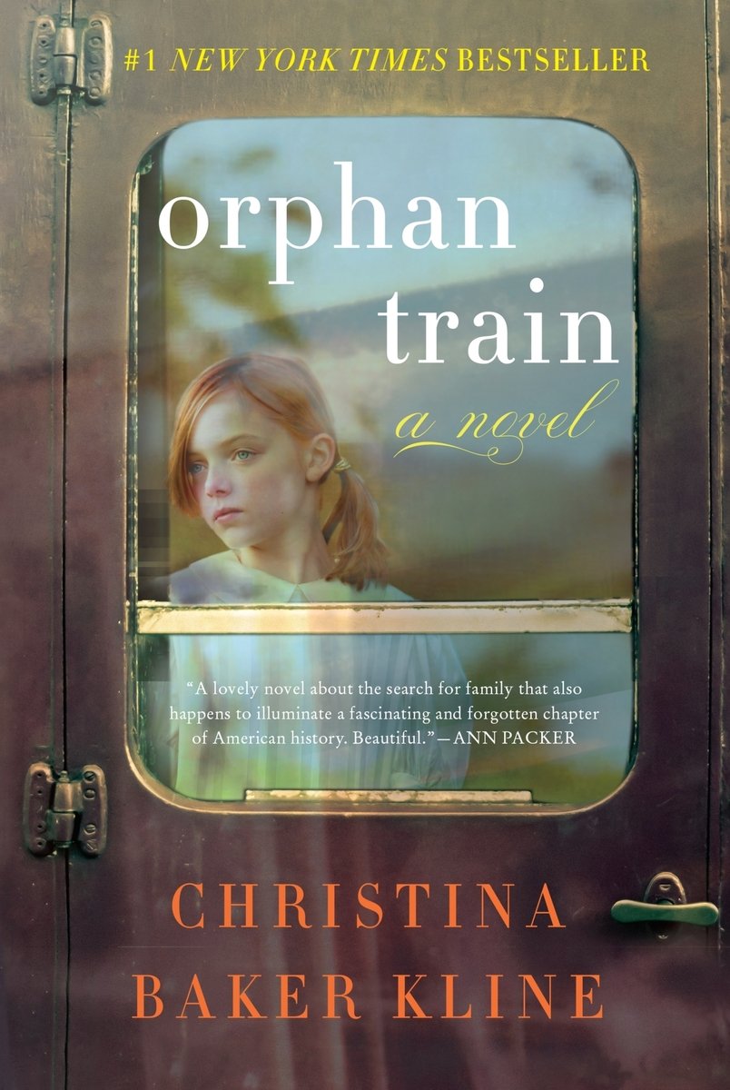 Orphan Train by Christina Baker Kline shows a little red head girl staring out a train car window in a double exposure of her outside her house.