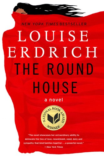 The Round House by Louise Erdrich cover; drawing of a Native woman with a red sheet over her