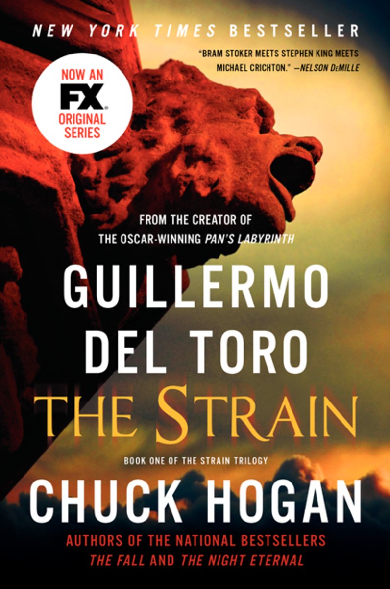 The Strain by Guillermo del Toro and Chuck Hogan depicts a yelling stone statue head in orange and yellow vibrant light.