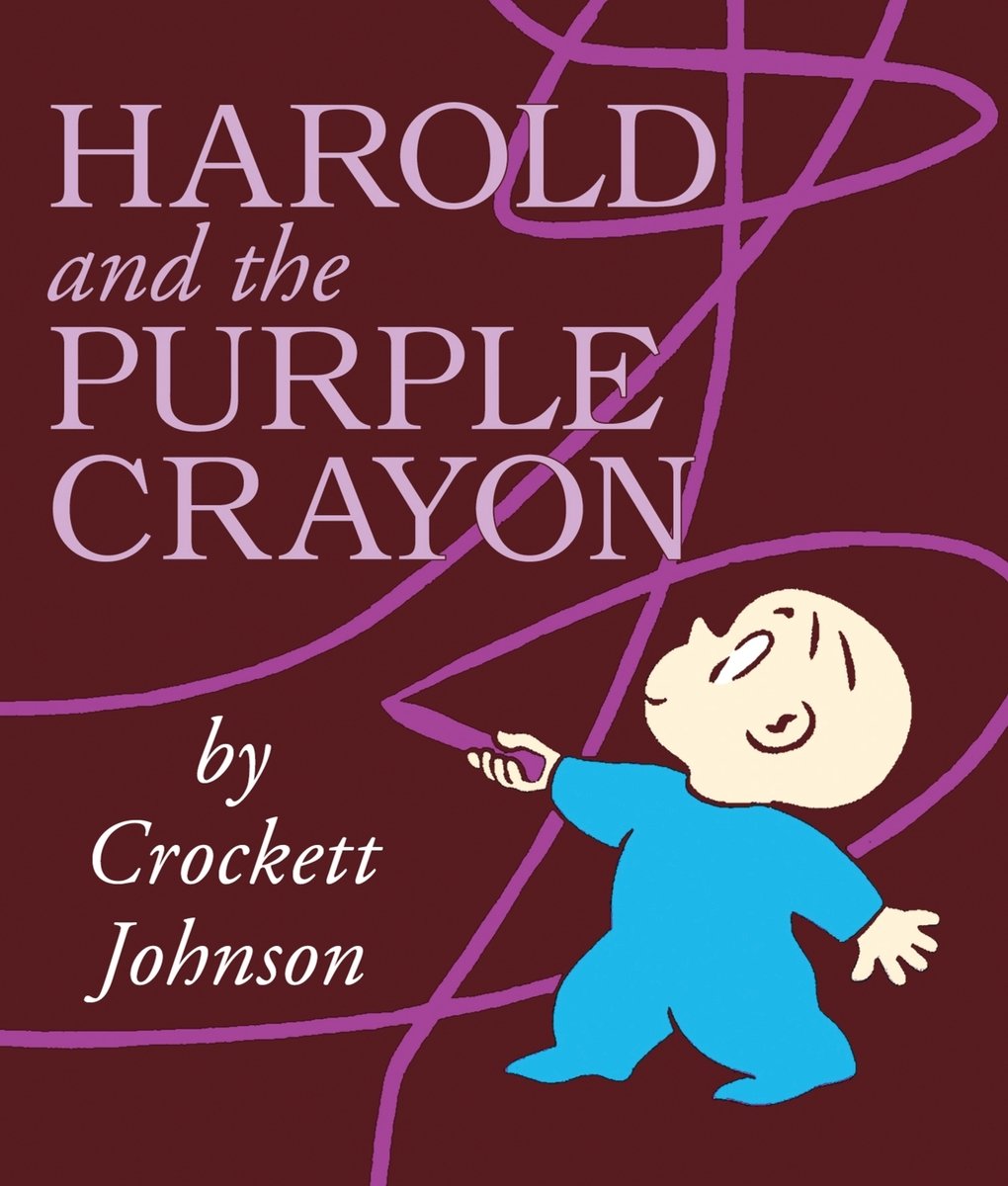 Harold and the Purple Crayon by Crockett Johnson, a children's book cover depicting an illustrated young boy in a blue onesie drawing squiggles all over the cover with a purple crayon.