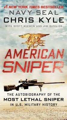 American Sniper by Chris Kyle with the sky in the background of the title with dust circling around from the ground and a gun in the air.