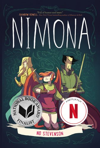 Nimona book cover depicting a trio of people on a green background