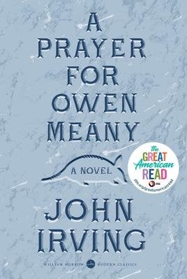 the cover of A Prayer for Owen Meany by John Irving, with a pale blue cover and a graphic of an armadillo.