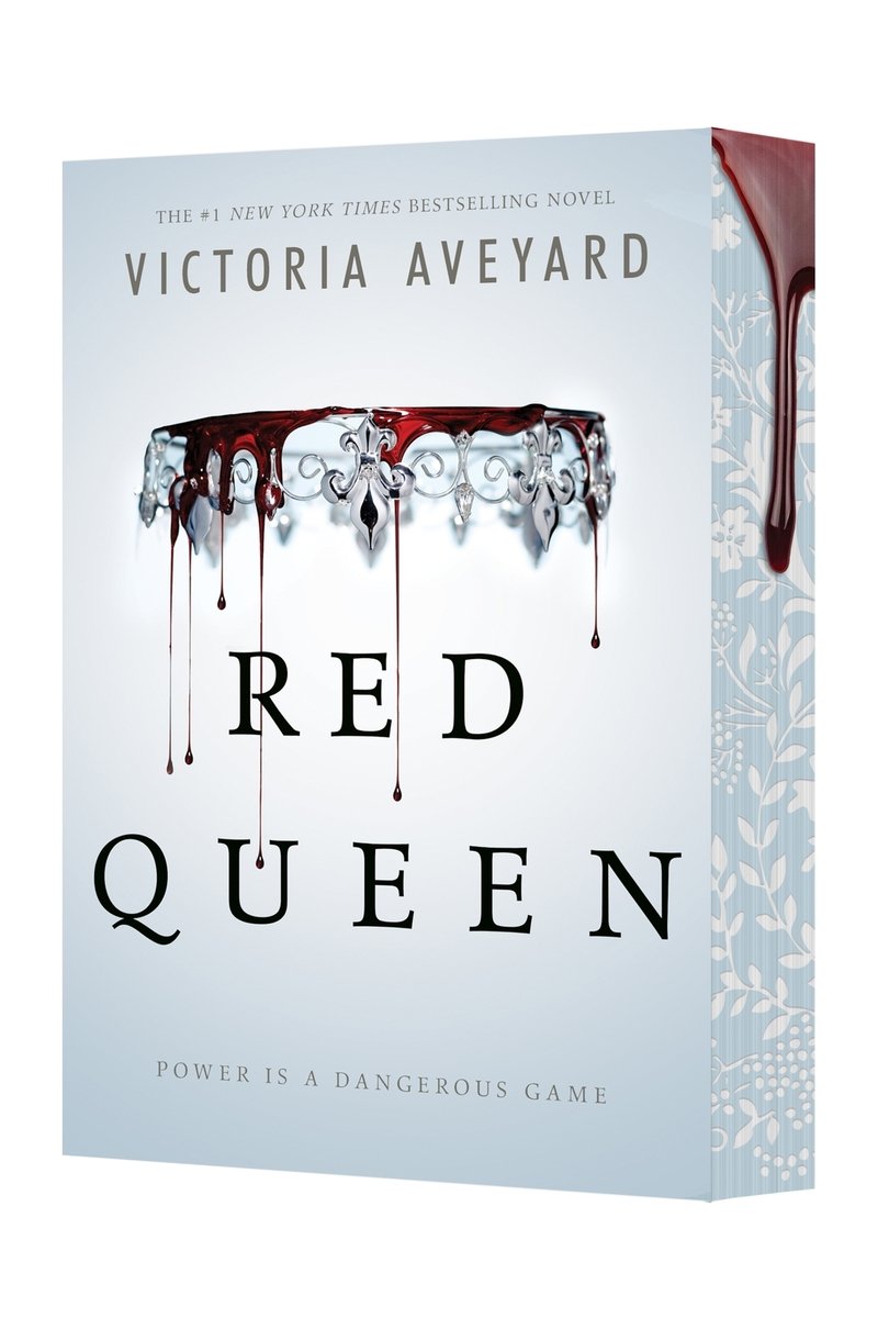 Cover of Red Queen by Victoria Aveyard. Greyish blue back ground with an upside down crown. There is blood dripping from crown.