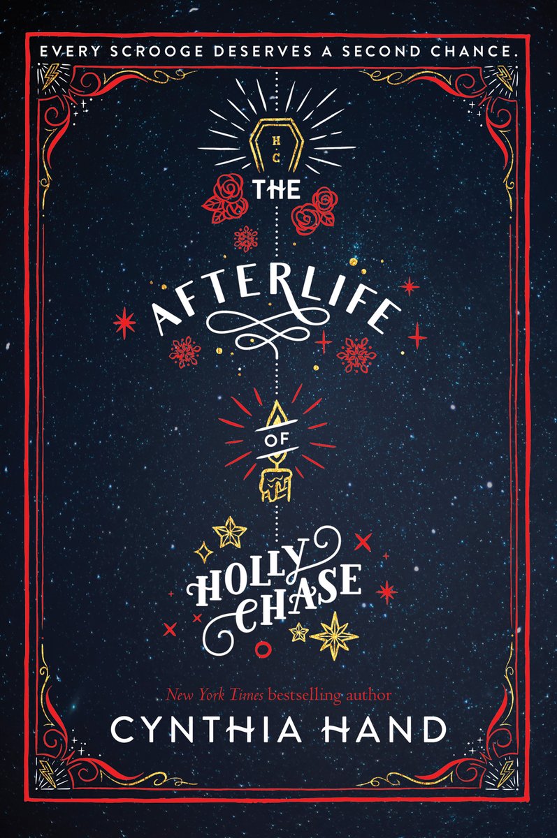 The Afterlife of Holly Chase by Cynthia Hand, a fiction book cover depicting a black background and the title printed in both thin and bold white font. The words of the title are surrounded by decorative accents of red and yellow. The border of the cover depicts geometric and rectangular red lines.