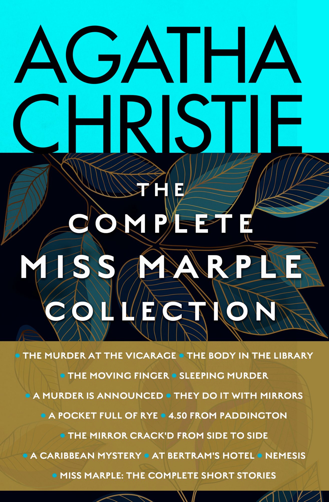 The Miss Marple Mystery Series by Agatha Christie, a mystery book collection. All thirteen of the Miss Marple Myteries lined up with colorful bindings and the cover of the first book in the series, The Murder At The Vicarage, displayed. The cover is a blue night sky in a graveyard with dark headstones and one bright white headstone displaying the title on a bed of white grass.