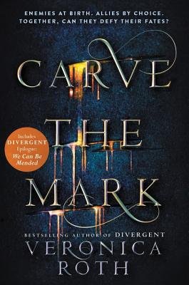 Book cover for Carve the Mark by Veronica Roth, the first in the Carve the Mark duology. The cover is a deep, dark blue and three slashes drip gold liquid on the three words of the title. The title is in elegant silver script.