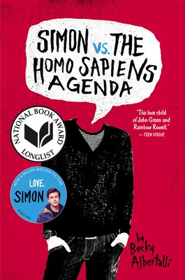 A young man dressed in black stands against a vibrant red background, with a dialogue bubble above his head displaying the title "Simon vs. The Homosapiens Agenda"