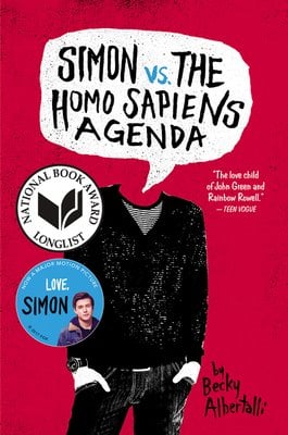 The back ground is red and an illustration of Simon's jeans and black sweater are drawn with his head being replaced with a speech bubble holding the title.