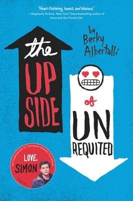 The Upside of Unrequited by Becky Albertalli, a queer young adult fiction book cover depicting a black upward arrow beside a white downward arrow on a blue background
