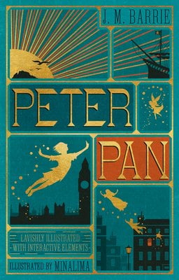 Peter Pan by J.M. Barrie, book cover depicting an illustration of a magical ship and flying figure as they soar into the sky followed by two children.
