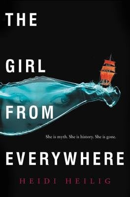 The Girl from Everywhere by Heidi Heilig cover; a small orange boat sails on translucent blue water with a young woman's face against black background