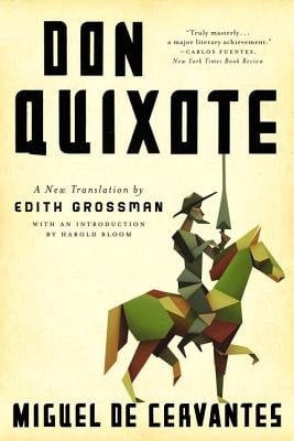 yellow background with black writing. Title : "Don Quixote" and author "Miguel de Cervantes". In the bottom right is a picture of a person on a horse with a lance. The image is put together by geometric shapes.