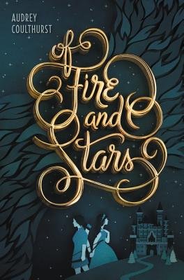 Of Fire and Stars cover by Audrey Coulthurst, Mare and Denna standing in front of a starry night sky with a palace in the background.