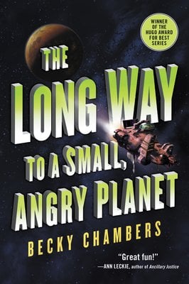Book cover with neon lettering and a spaceship flying in space