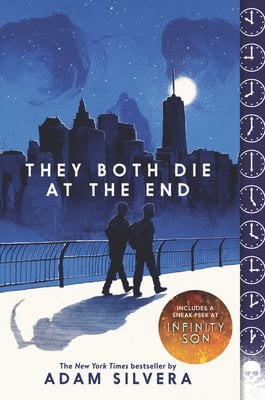 They Both Die at the End by Adam Silvera, a YA novel cover showing a shadow of two people walking along a sidewalk with city buildings in blues and black in the background.