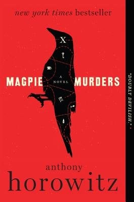 The cover of Magpie Murders, an all red book cover with a black raven with different symbols within it