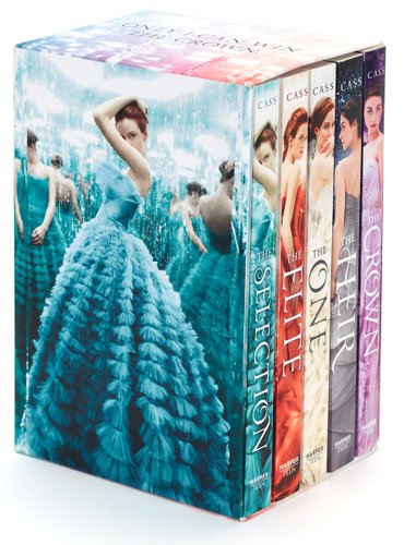 The Selection series by Kiera Cass box set. The cover of the packaging has a girl in a light blue dress with either other girls or the same girl positioned in different poses as the central one stares ahead.