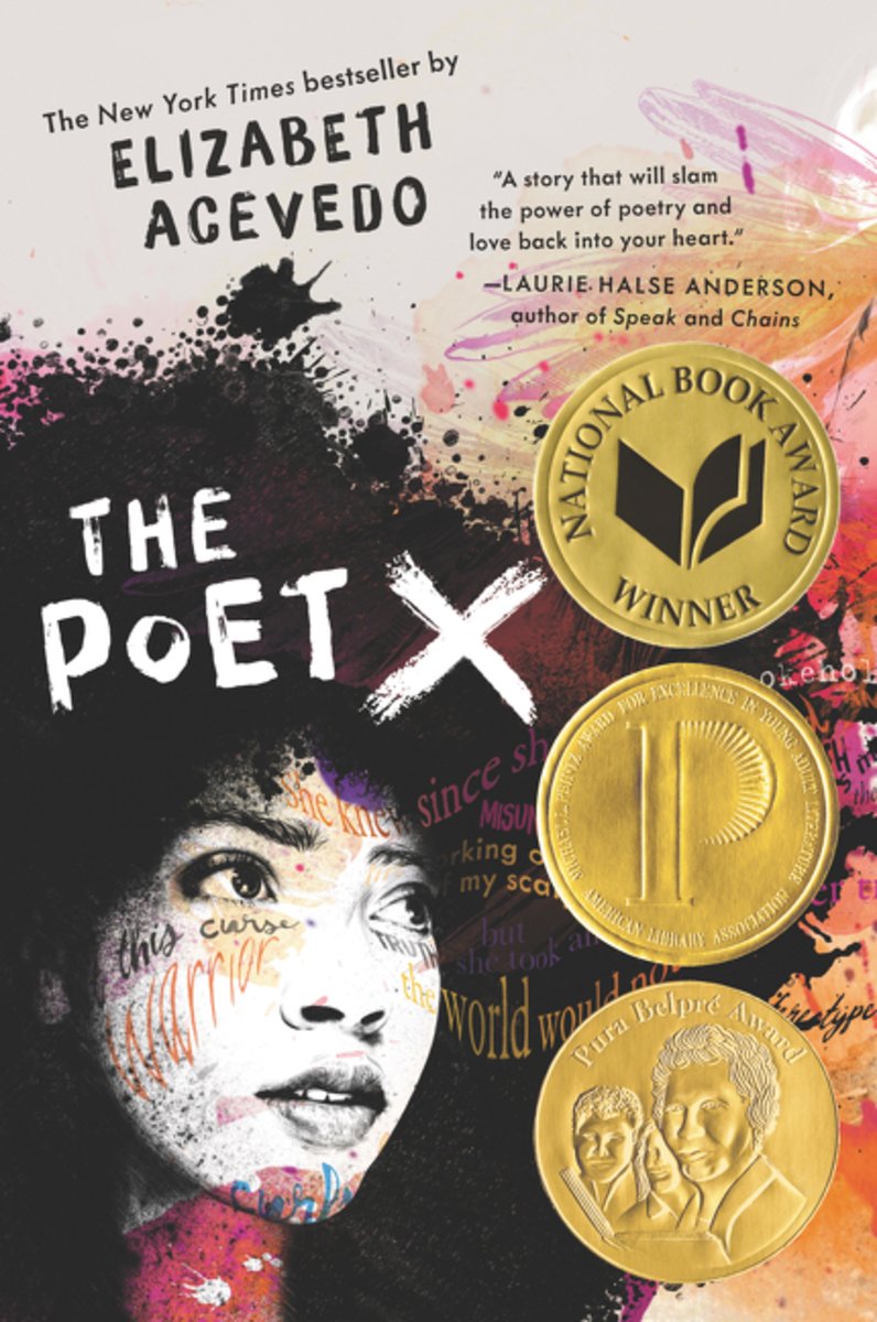 Book cover of 'The Poet X' by Elizabeth Acevedo. Below white text, a drawn woman with pink and orange sketches running along her face looks off to the side.